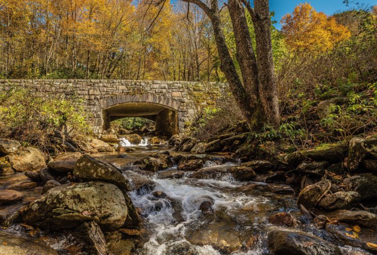 river, Rocks, Bridge, Trees, Autumn, Nature HD Wallpaper Desktop Background