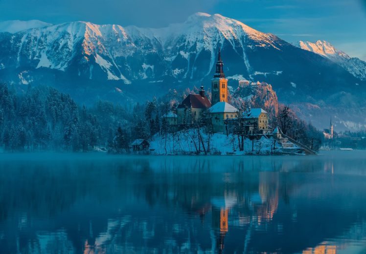 slovenia, Bled, Bled, Lake, The, Mountains, The, Julian, Alps, Winter, January, Morning HD Wallpaper Desktop Background