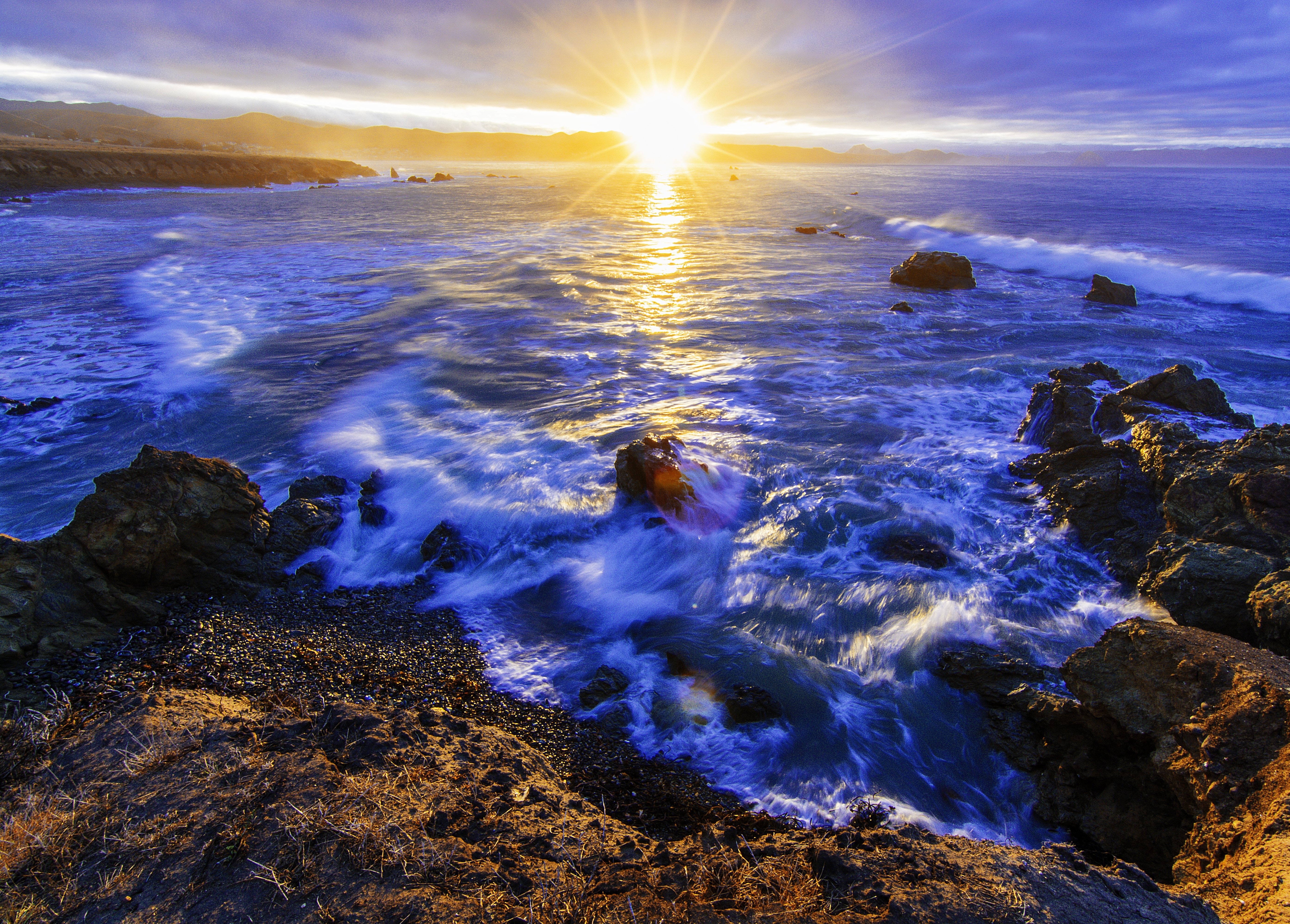 sunset, Sea, Rocks, Waves, Landscape Wallpaper