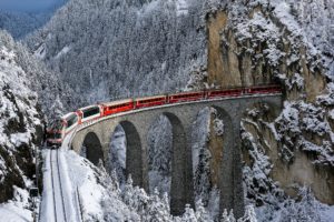 train, Railway, Bridge, Winter, Snow, Rocks, Trees, Forest, Nature, Landscape, View