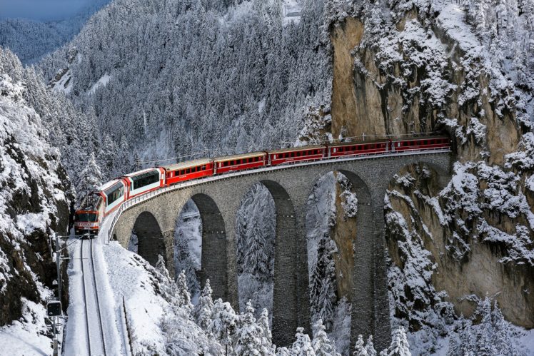 train, Railway, Bridge, Winter, Snow, Rocks, Trees, Forest, Nature, Landscape, View HD Wallpaper Desktop Background