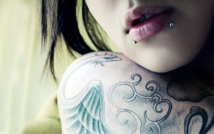 tattoo,  , Sensuality, Girl, Brunette, Tattoo, Piercing, Face, Lips HD Wallpaper Desktop Background