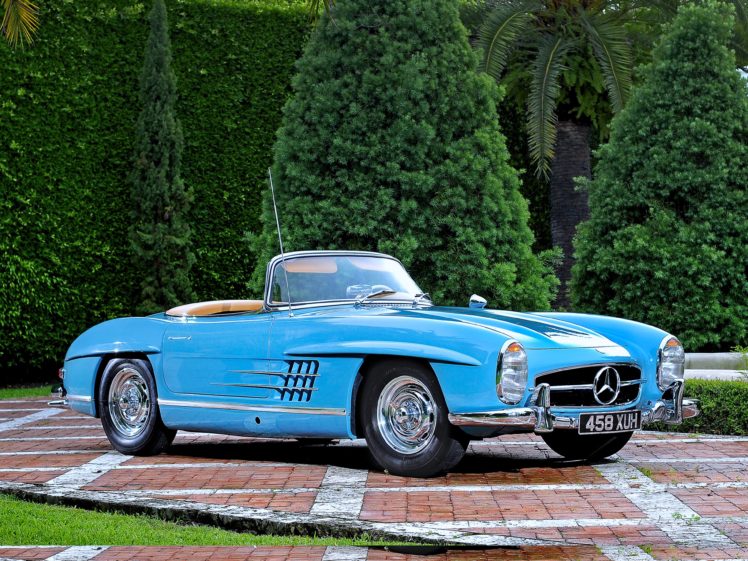1957, Mercedes benz, 300 sl, Blue, Old, Motors, Trees, Classic HD Wallpaper Desktop Background