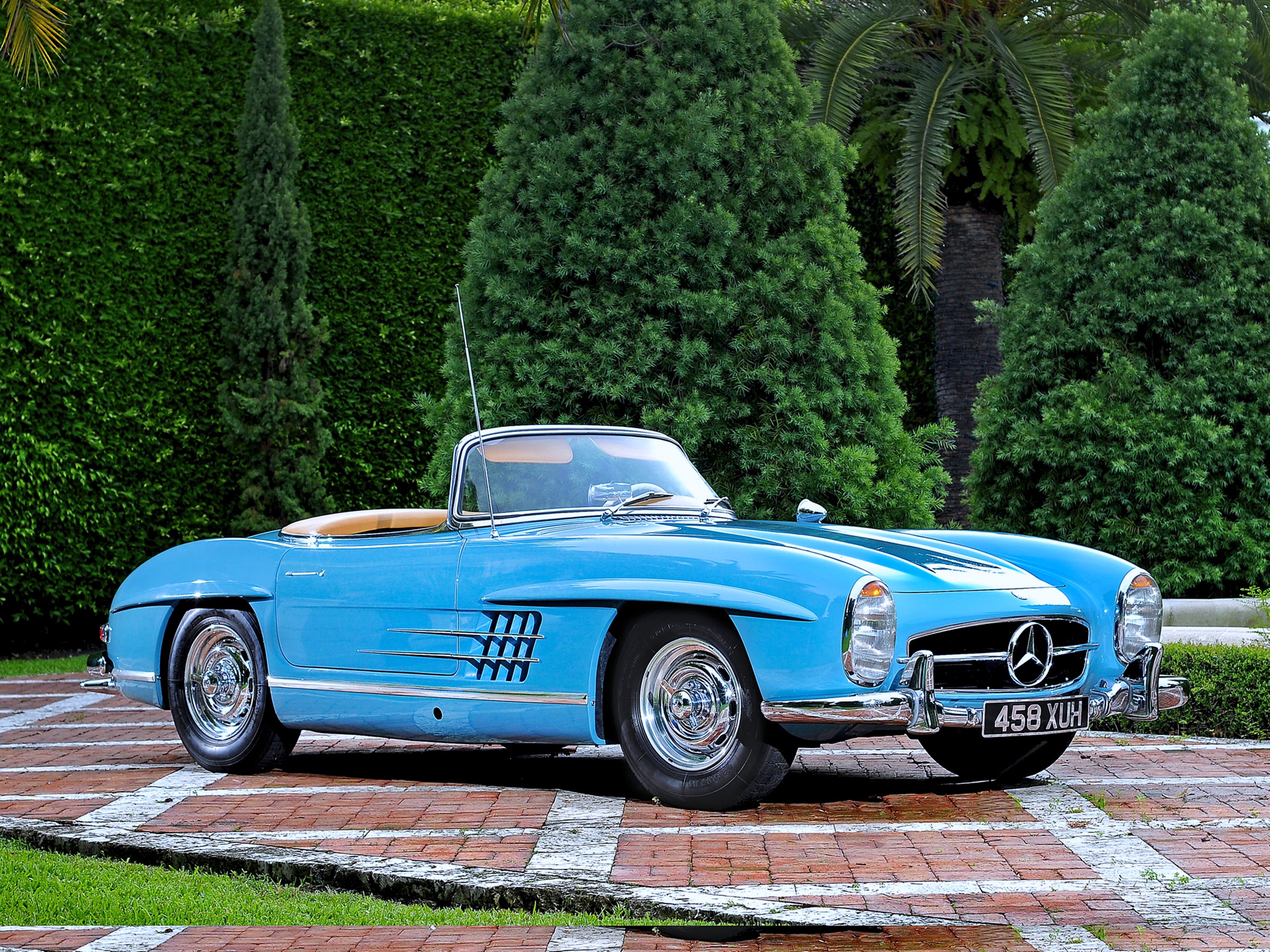 1957, Mercedes benz, 300 sl, Blue, Old, Motors, Trees, Classic Wallpaper