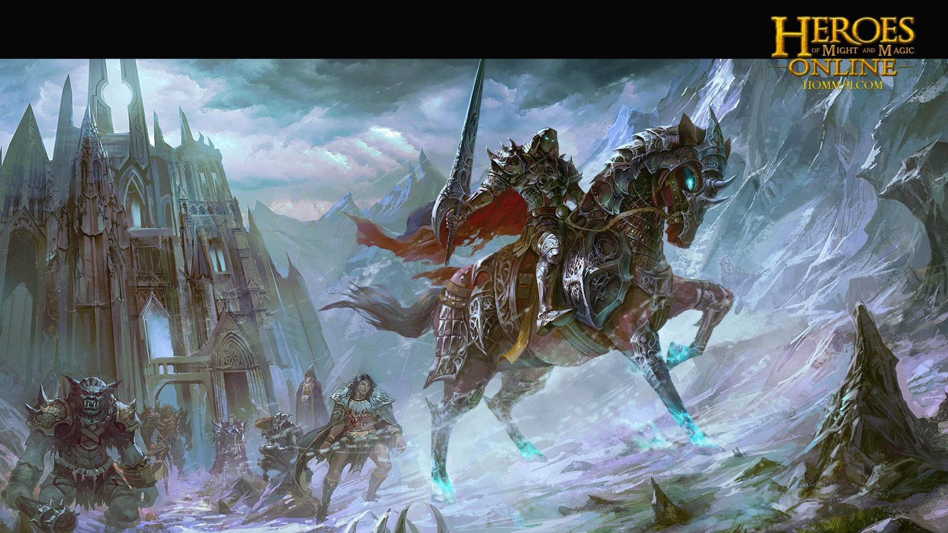 heroes, Might, Magic, Strategy, Fantasy, Fighting, Adventure, Action, Online, 1hmm, Poster, Warrior, Knight, Armor, Horse, Sword, Castle Wallpaper