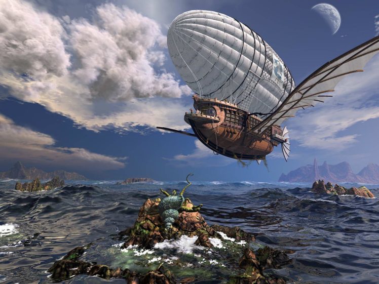 steampunk, Mechanical, Ship, Fantasy, Ocean, Sea, Flight, Clouds HD Wallpaper Desktop Background
