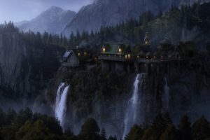 lord, Of, The, Rings, Movie, Art, Waterfall, House, Fantasy