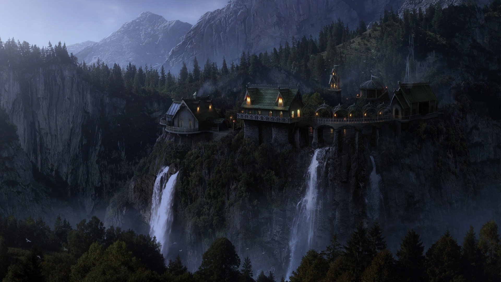 lord, Of, The, Rings, Movie, Art, Waterfall, House, Fantasy Wallpaper