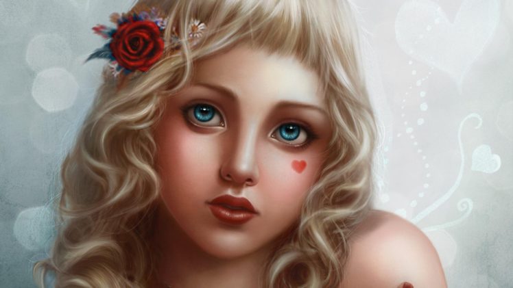 fantasy, Girl, Cute, Heart, Tattoo, Blonde, Blue, Eyes HD Wallpaper Desktop Background