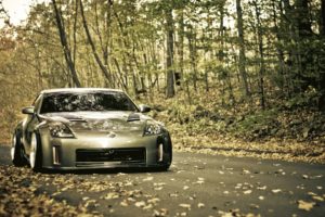 trees, Cars, Leaves, Roads, Vehicles, Nissan, 350z