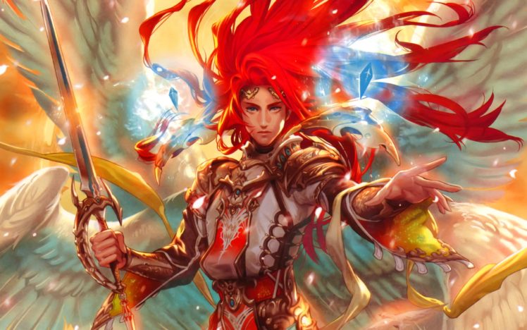 red, Hair, Angel, Wings, Fantasy, Girl, Sword, Warrior HD Wallpaper Desktop Background