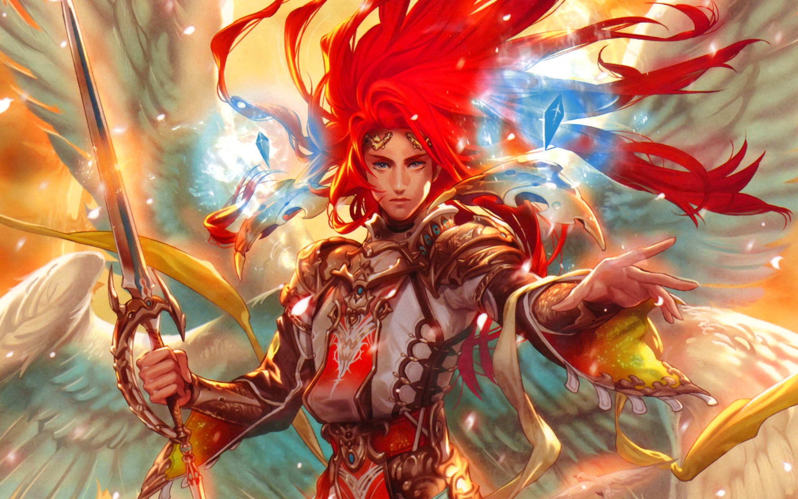 red, Hair, Angel, Wings, Fantasy, Girl, Sword, Warrior Wallpaper