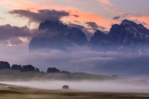 dolomite, Alps, Alps, Dolomite, Alps, Alps, Sunrise, Mountains, Sky, Clouds, Trees, Lawn, Grass, Fog, Home, Nature, Landscape