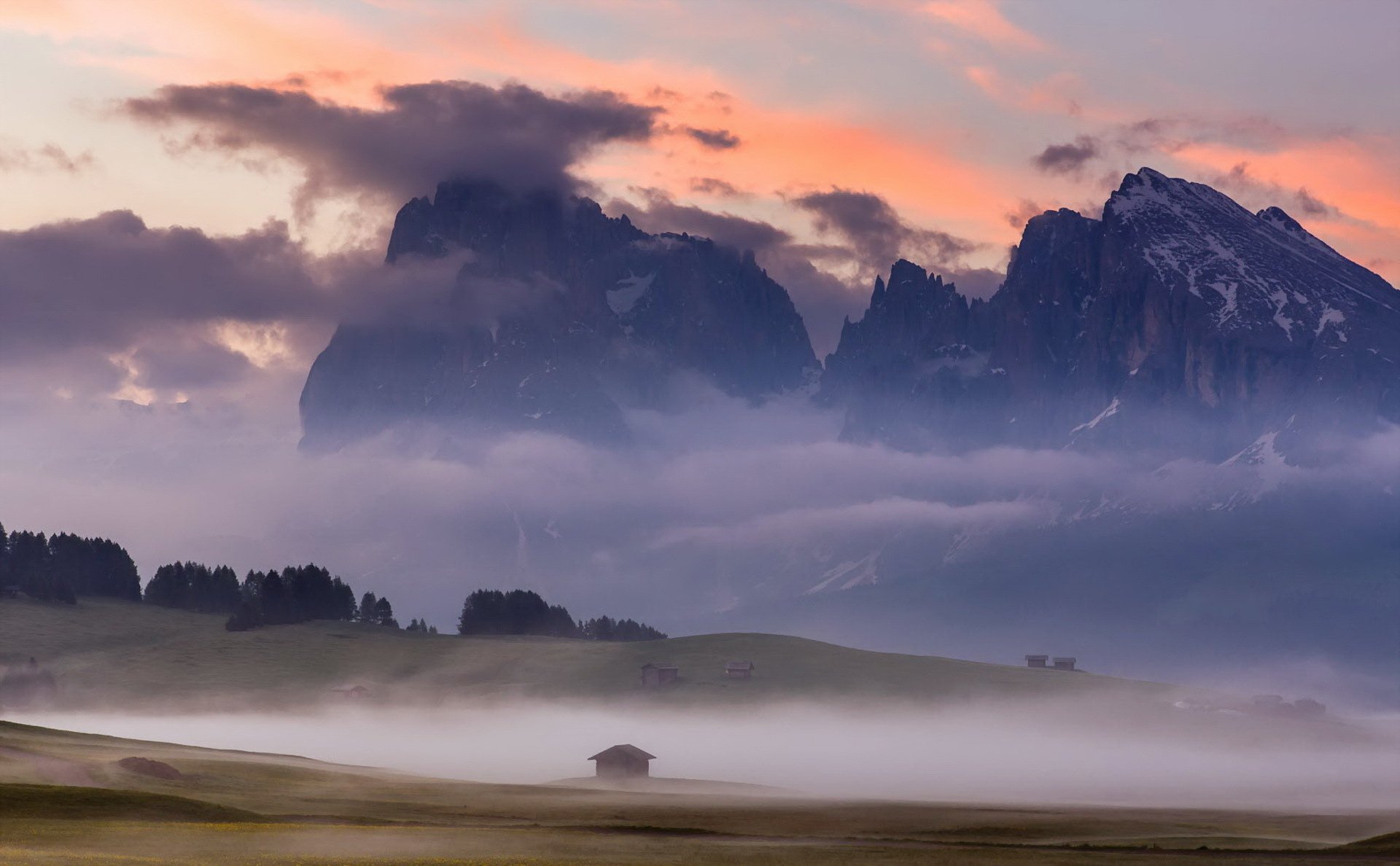 dolomite, Alps, Alps, Dolomite, Alps, Alps, Sunrise, Mountains, Sky, Clouds, Trees, Lawn, Grass, Fog, Home, Nature, Landscape Wallpaper