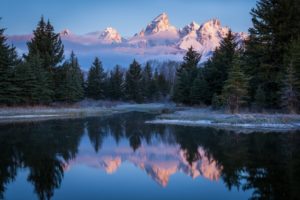 grand, Teton, Wyoming, Usa, Wyoming, Usa, Sky, Mountains, Snow, Clouds, Trees, Forest, River, Water, Grass, Frost, Landscape, Nature
