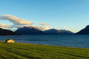 landscape, Sky, Clouds, Mountains, Snow, Bay, Sea, Water, House, Lawn, Grass, Day, Nature