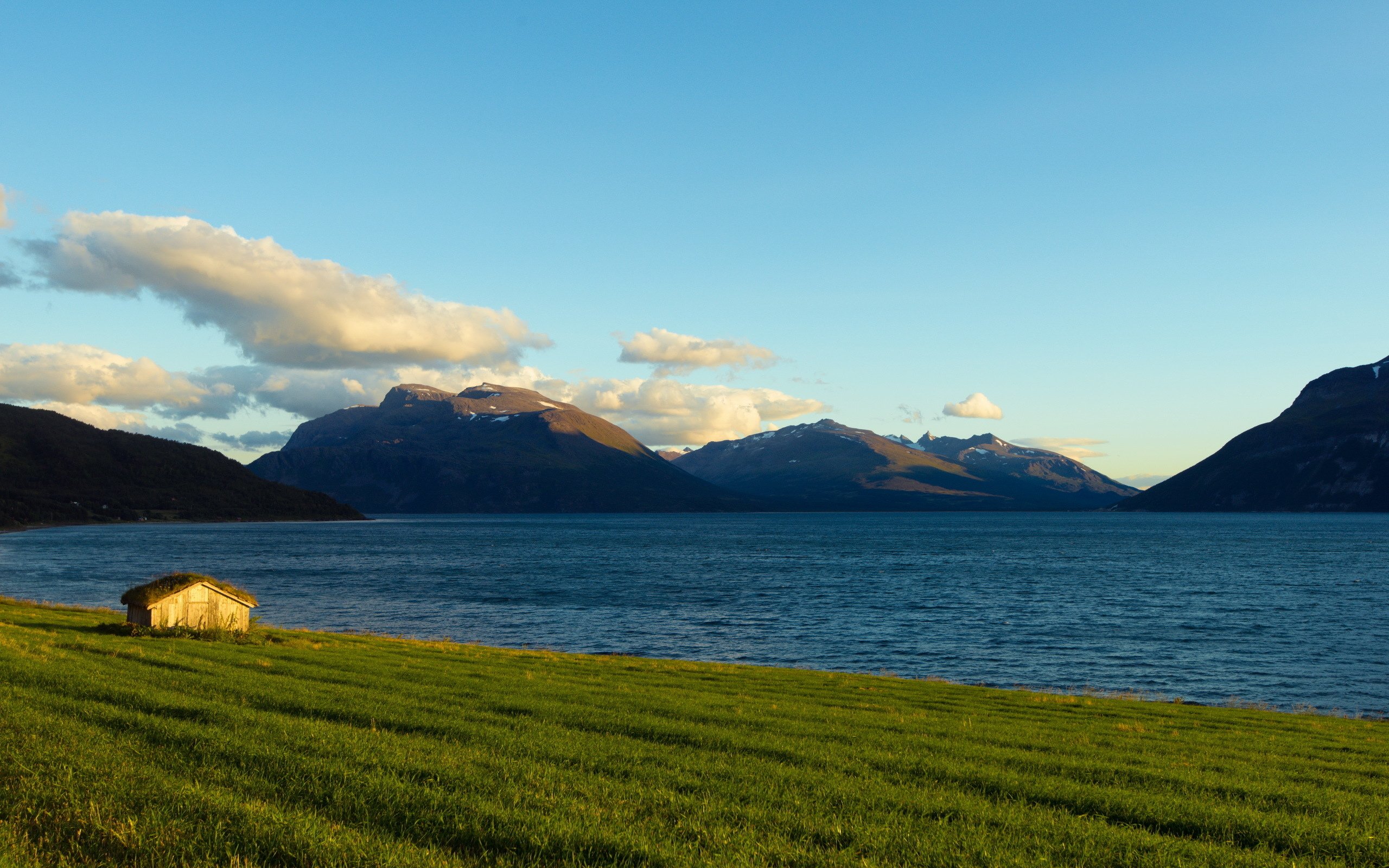 landscape, Sky, Clouds, Mountains, Snow, Bay, Sea, Water, House, Lawn, Grass, Day, Nature Wallpaper