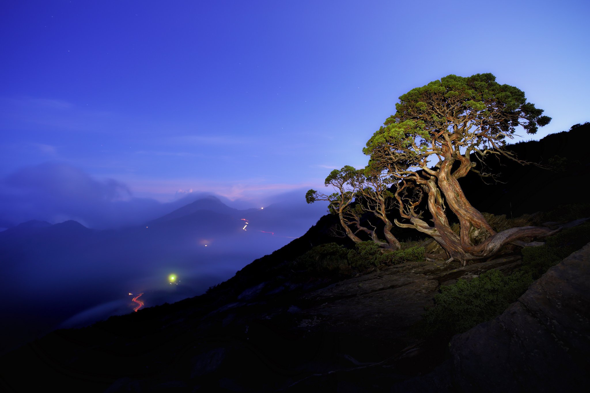 sky, Night, Evening, Street, Mountains, Trees, Light, Lights, Nature, Landscape Wallpaper