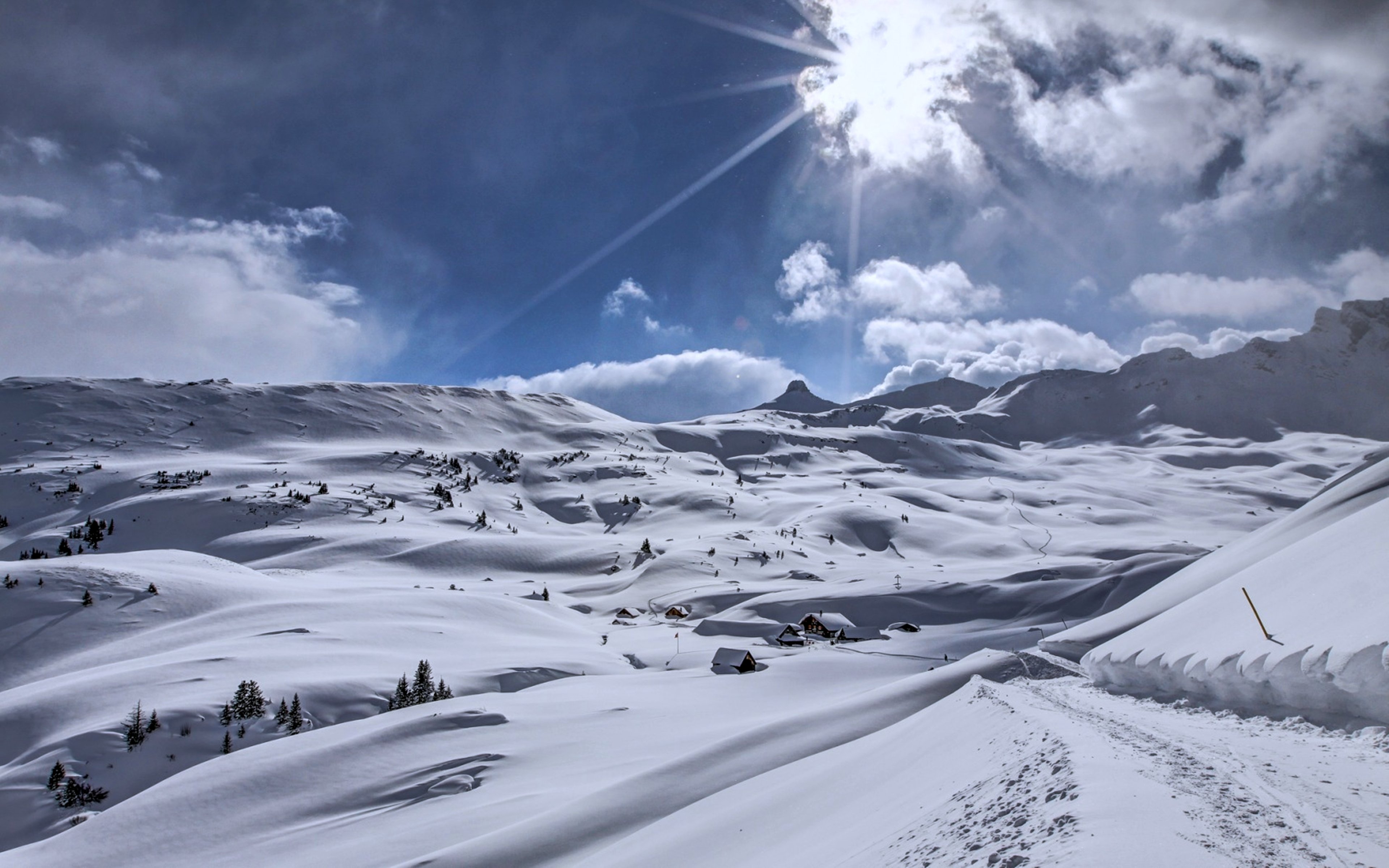 hills, Snow, Houses, White, Winter, Cold, Mountains, Sky, Sun, Clouds ...