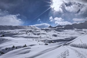 hills, Snow, Houses, White, Winter, Cold, Mountains, Sky, Sun, Clouds, Weather, Trees, Landscape