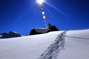 hills, Snow, Houses, White, Winter, Cold, Mountains, Sky, Sun, Clouds, Weather, Trees, Landscape, Blue