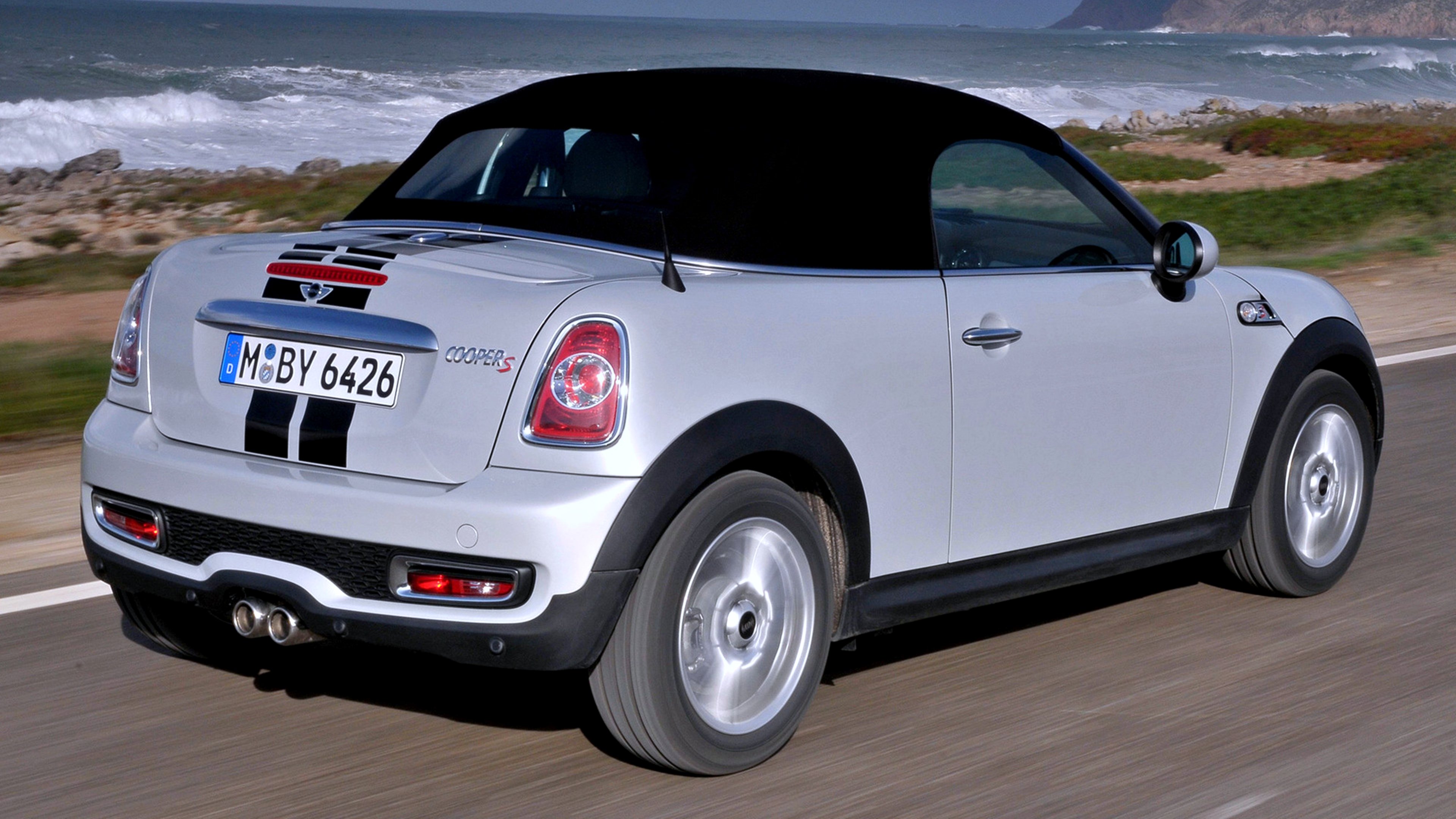 2012, Mini, Cooper, S, Roadster, Sea, Rocks, Beach, White, Roof, Cars, Motors, Auto, Speed, Landscape Wallpaper