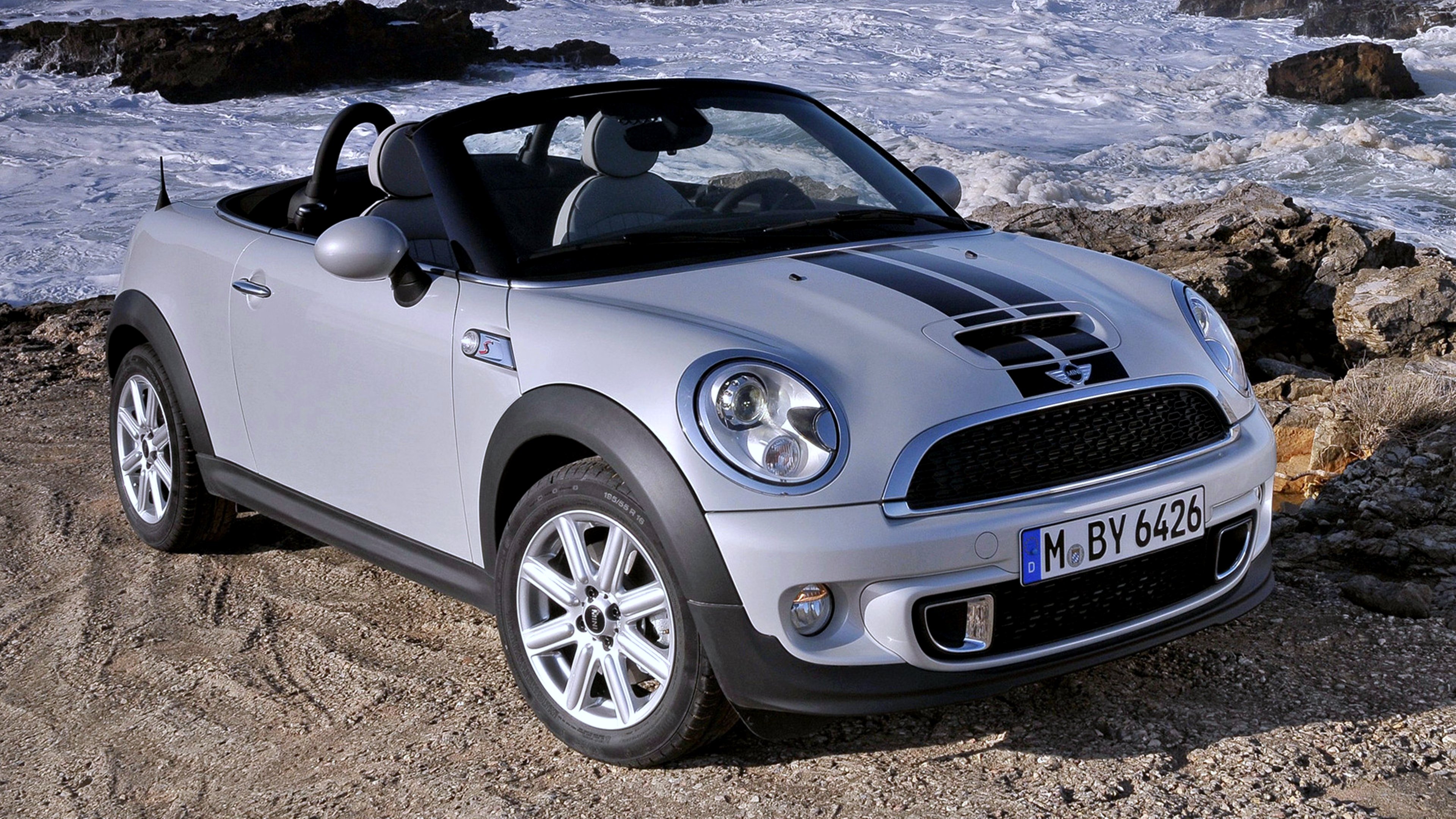 2012, Mini, Cooper, S, Roadster, Sea, Rocks, Beach, White, Roof, Cars, Motors, Auto, Speed Wallpaper