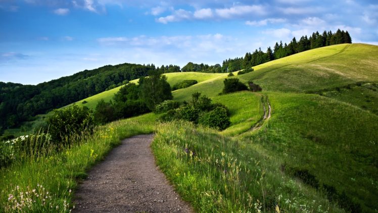 path, Way, Landscape, Hills, Mountains, Forest, Green, Nature, Spring, Sky, Trees HD Wallpaper Desktop Background