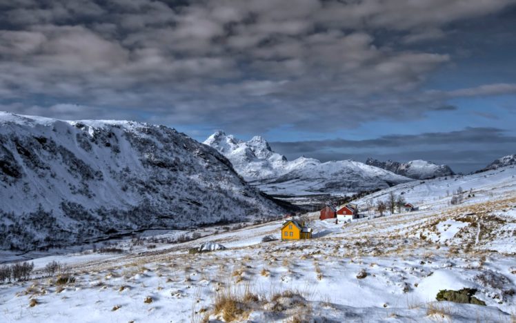 snow, Landscape, Houses, Mountains, Winter, Nature, Sky, Clouds HD Wallpaper Desktop Background