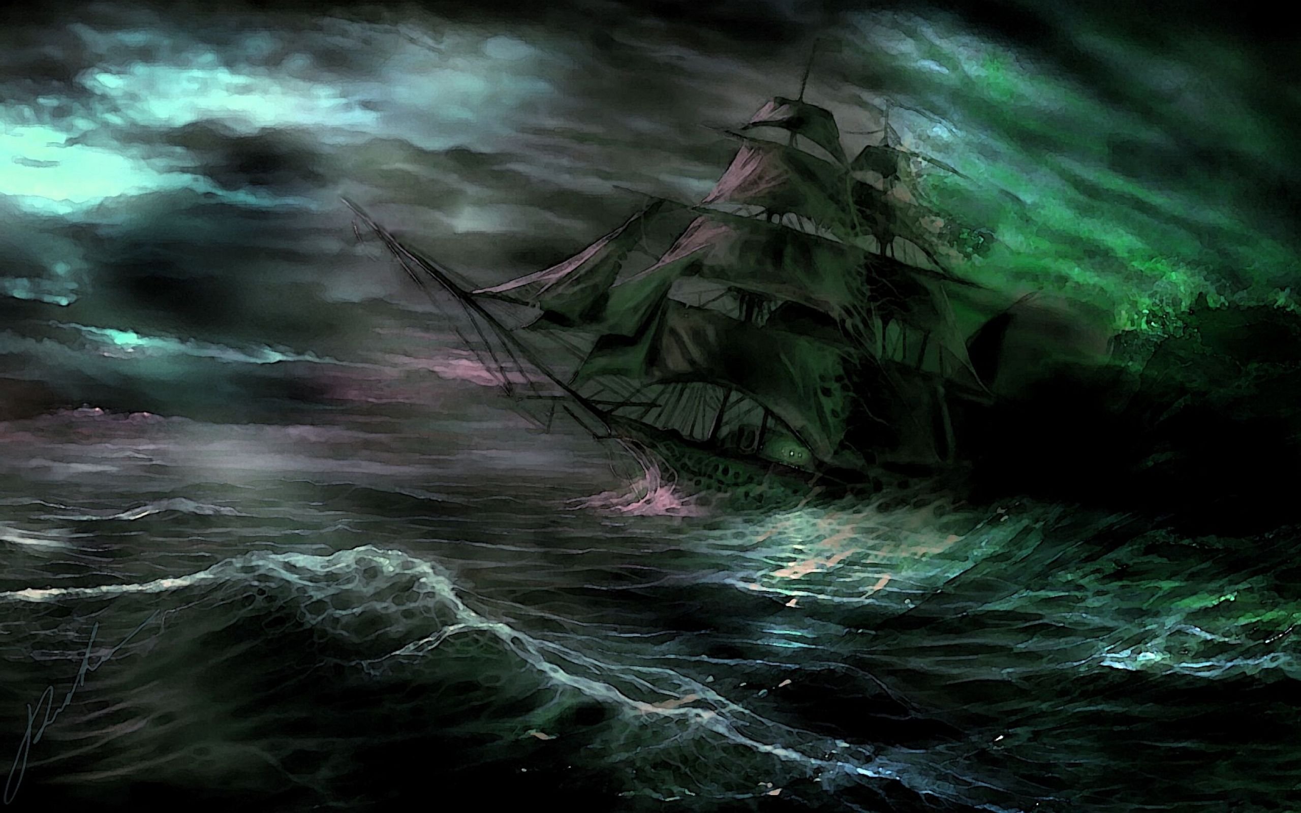 spooky, Ship, Shipwreck, Ghost, Fantasy, Storm, Ocean, Sea, Waves Wallpaper