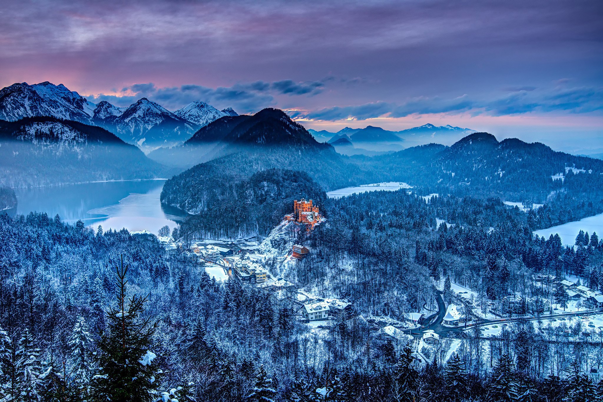bavaria, Germany, The, Castle, Lake, Mountains, Winter, Forest Wallpaper