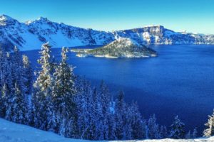 crater, Lake, Winter, Lake, Island, Forest, Trees, Landscape
