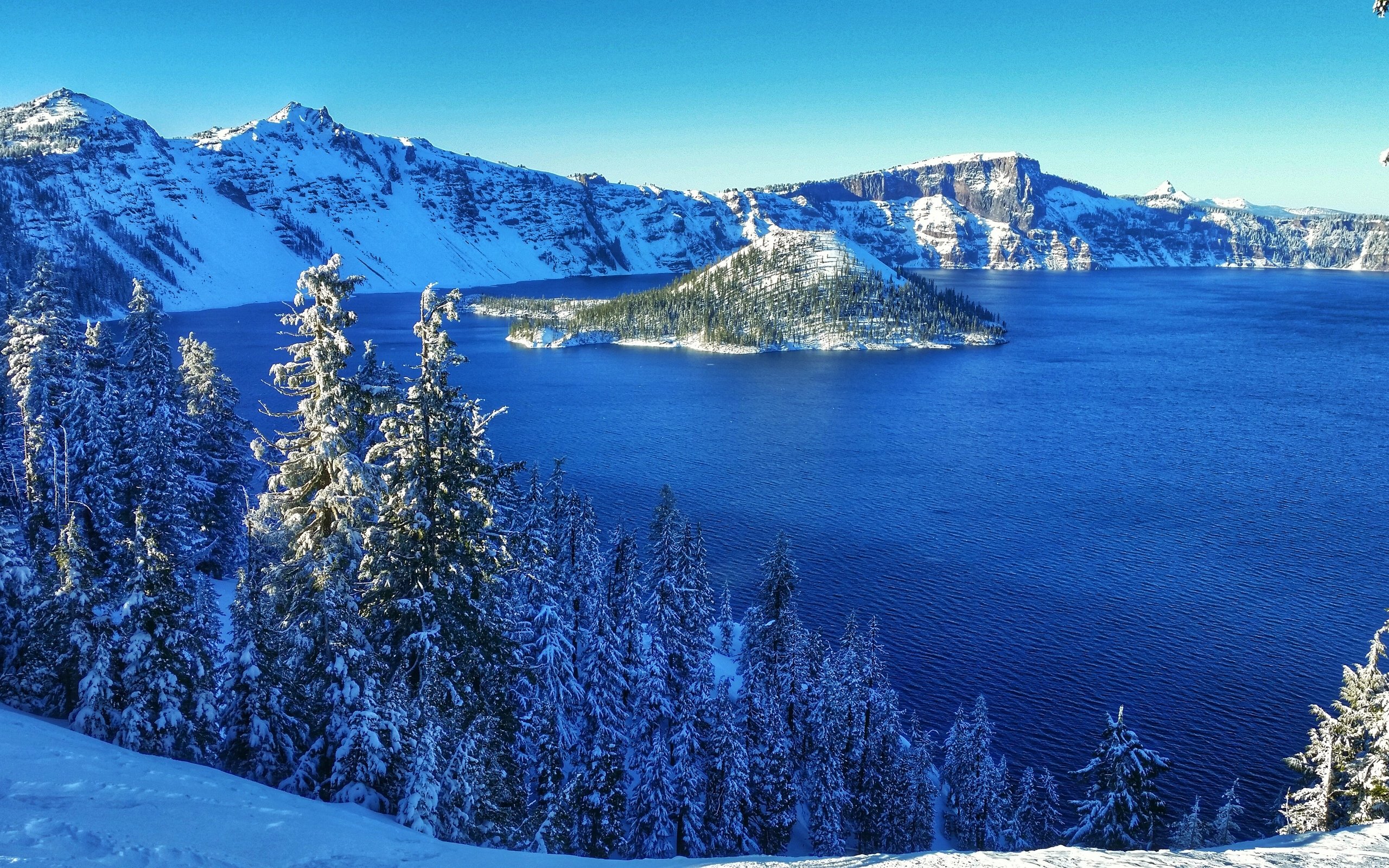 crater, Lake, Winter, Lake, Island, Forest, Trees, Landscape Wallpaper