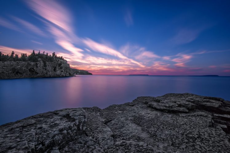 dawn, Ontario, Lake, Rocks, Lake, Canada, Sunrise HD Wallpaper Desktop Background