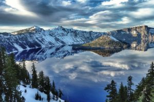 crater, Lake, Winter, Lake, Island, Forest, Trees, Landscape