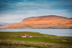 iceland, Mountains, Bay, Sea, Water, House, Lawn, Grass, Sky, Clouds, Landscape, Nature, Farm, Barn