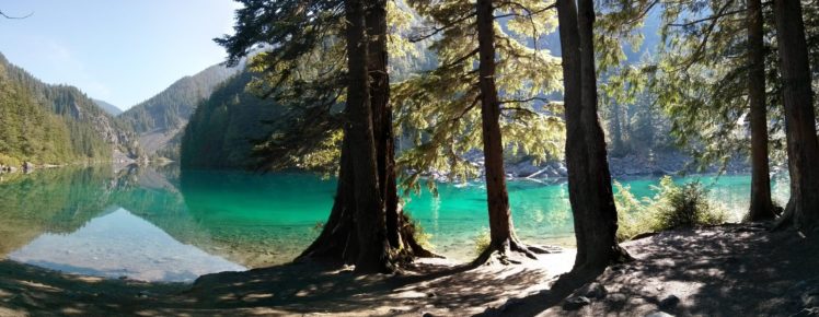 lake, Lindeman, Reflection, Forest, Trees, British, Columbia, Beach, Shore HD Wallpaper Desktop Background