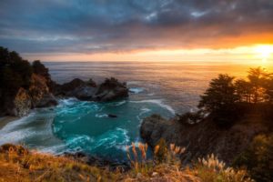 landscape, Sunset, California, Mcway, Falls, Ocean, Sea, Cliff