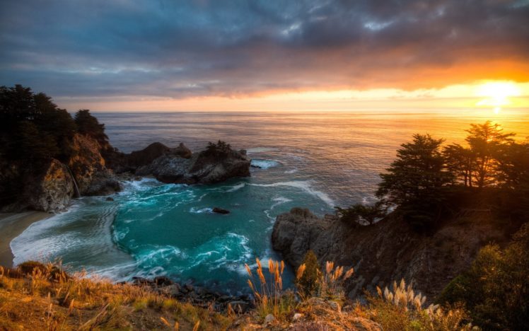 landscape, Sunset, California, Mcway, Falls, Ocean, Sea, Cliff HD Wallpaper Desktop Background