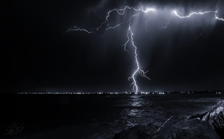 nature, Night, Sky, Lightning, Sea, Ocean, Storm, Rain HD Wallpaper Desktop Background