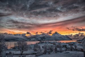 norway, Winter, Snow, A, Fishing, Village, Sunset, Town, Mountains