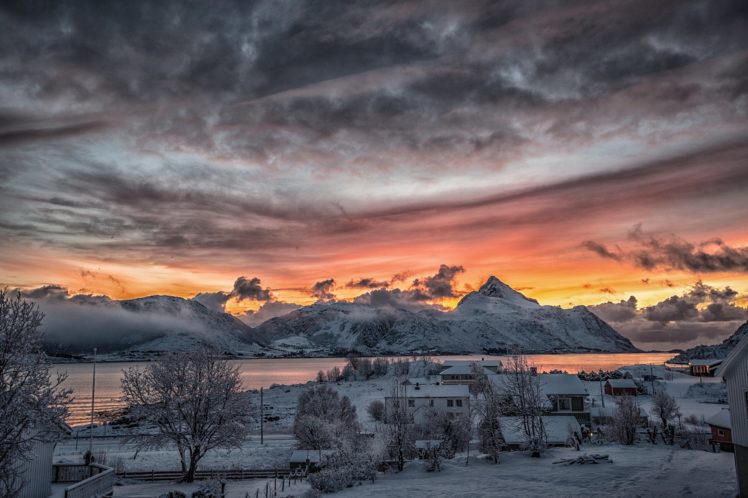 norway, Winter, Snow, A, Fishing, Village, Sunset, Town, Mountains HD Wallpaper Desktop Background