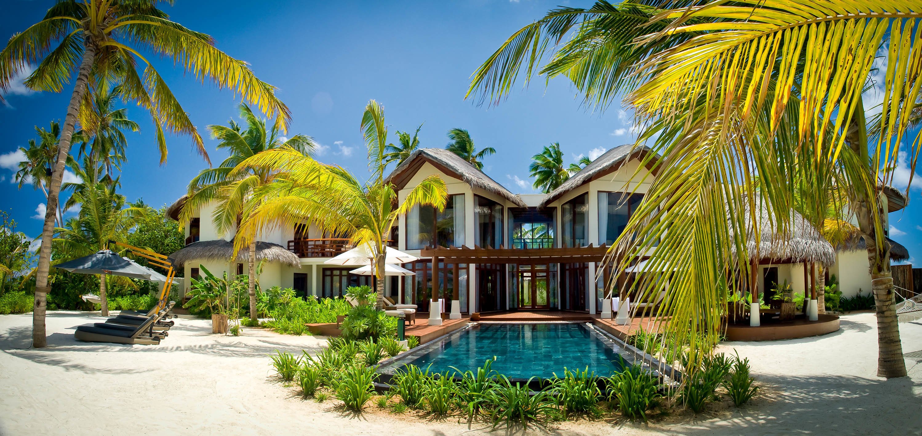 pool, Exotic, Maldives, Palm, Trees, Villa, House, Design Wallpaper