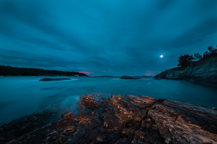 rocks, Lake, Forest, Night, Moon HD Wallpaper Desktop Background