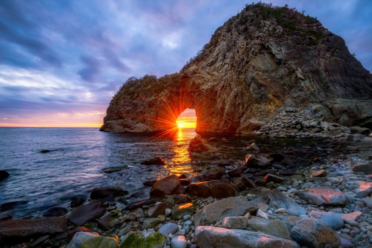 sangamon, Japan, Sea, Beach, Rock, Arches, Sun, Rays, Sunset, Sky, Nature, Landscape HD Wallpaper Desktop Background