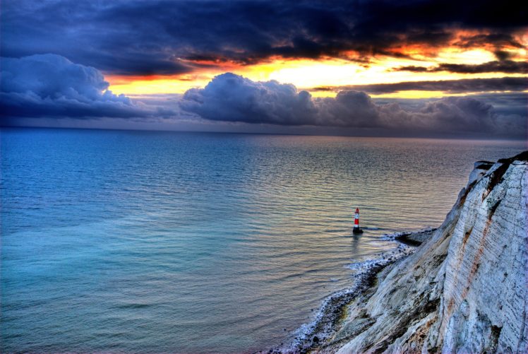 sea, Rocks, Lighthouse, Sky, Clouds, Sunset, Glow, Nature, Landscape, Ocean HD Wallpaper Desktop Background