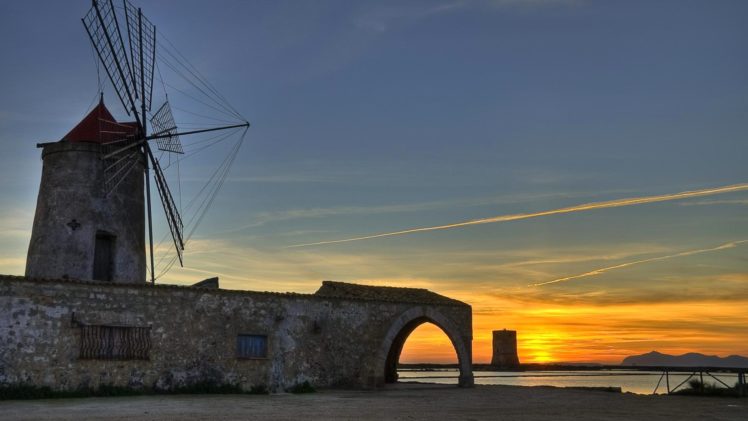 sicily, Italy, Sky, Night, Sunset, Windmill, Windmill, Building, Tower, Landscape HD Wallpaper Desktop Background