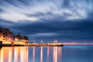 biscay, Bay, Spain, Asturias, Spain, Port, Sea, Houses, Sunset, Evening, Night, Lights, Blue, Sky, Clouds, Landscape, Reflection, City