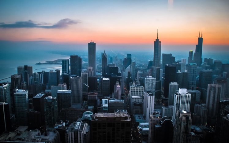 chicago, Illinois, Usa, Skyscrapers, Buildings, City, Sky, Sunset, Evening, Lake HD Wallpaper Desktop Background