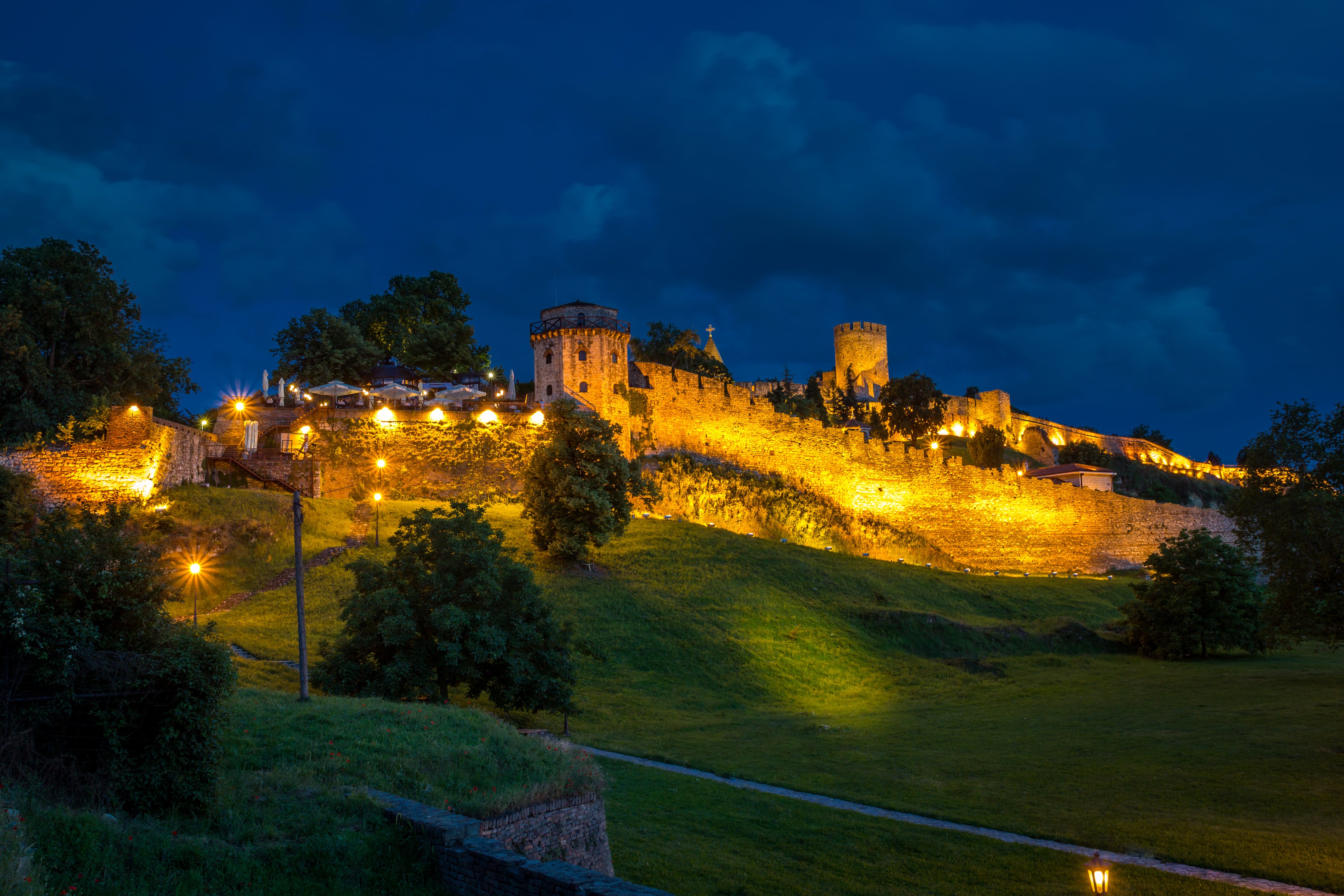 fortress, Belgrade, Fortress, Serbia, Night, Street, Lights, Grass, Trees, Cities, Castle Wallpaper